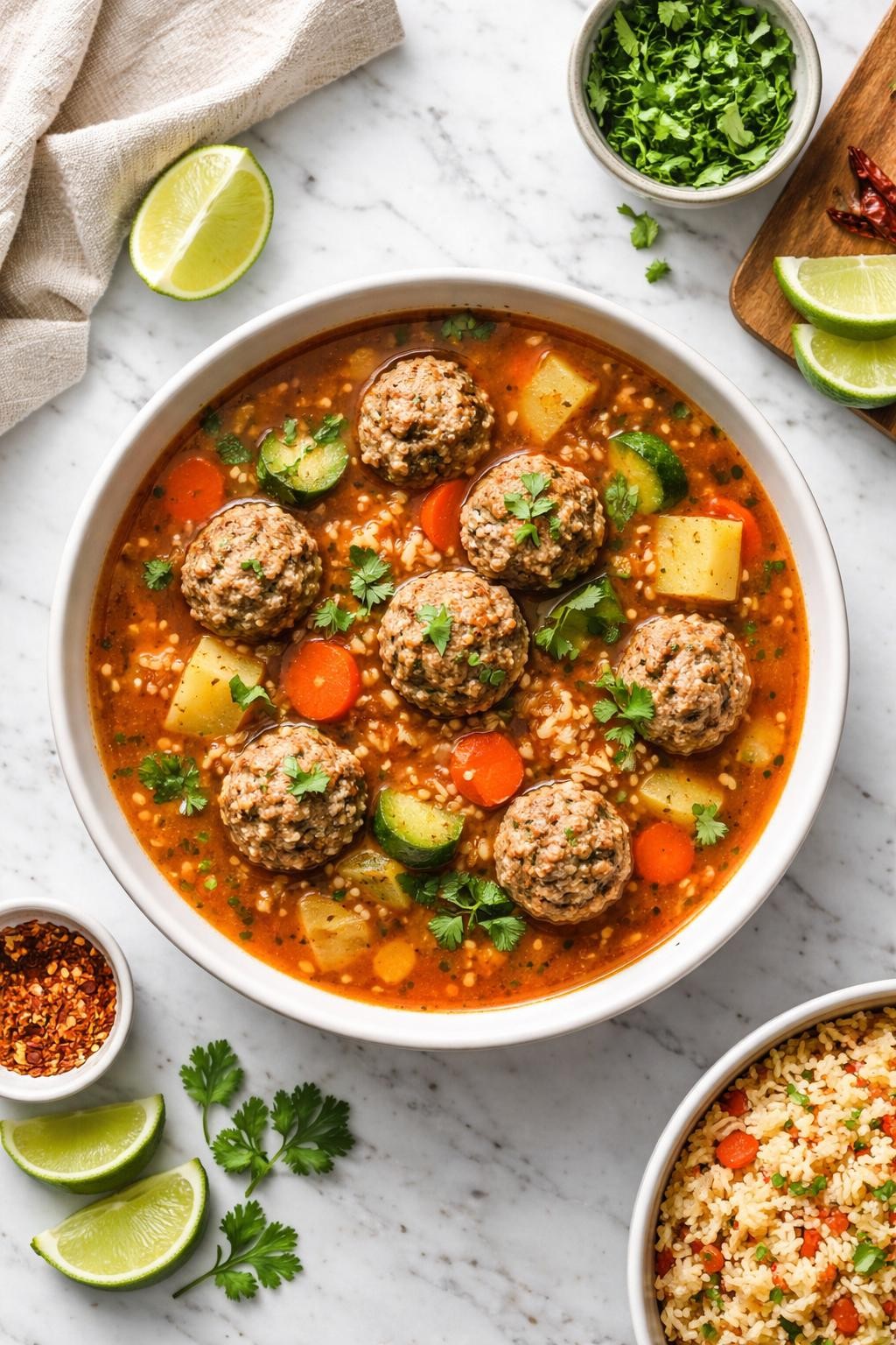 An overheard picture view of a plate of  Albondigas (Mexican Meatball Soup)  sitting on a marble countertop table in the kitchen, professional food photography style.
