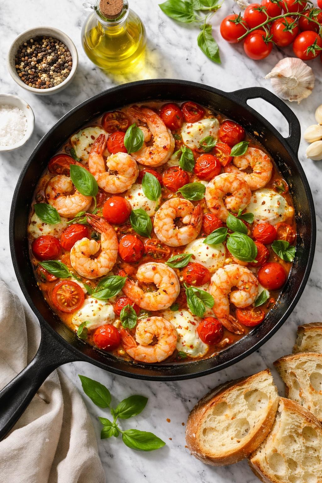 Image Prompt: Realistic top-down editorial food photography of Italian shrimp Caprese skillet on a white and gray marble countertop, shrimp cooked with cherry tomatoes, fresh mozzarella, basil, garlic, and olive oil in a skillet, bright natural daylight, fresh homemade dinner mood, no people, no hands, no text, no watermarks, no props with writing.