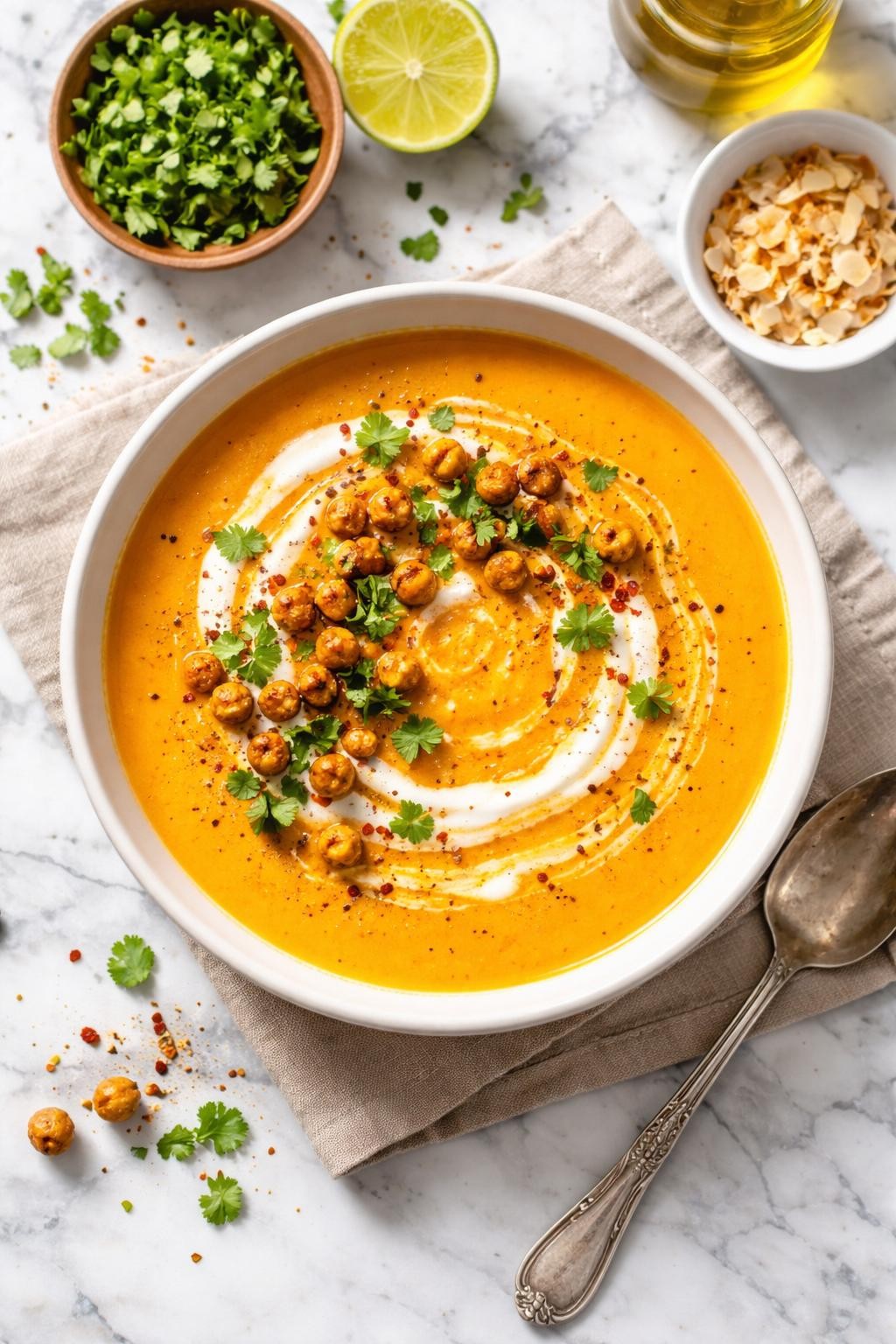 An overheard picture view of a plate of Sweet Potato and Coconut Soup sitting on a marble countertop table in the kitchen, professional food photography style.