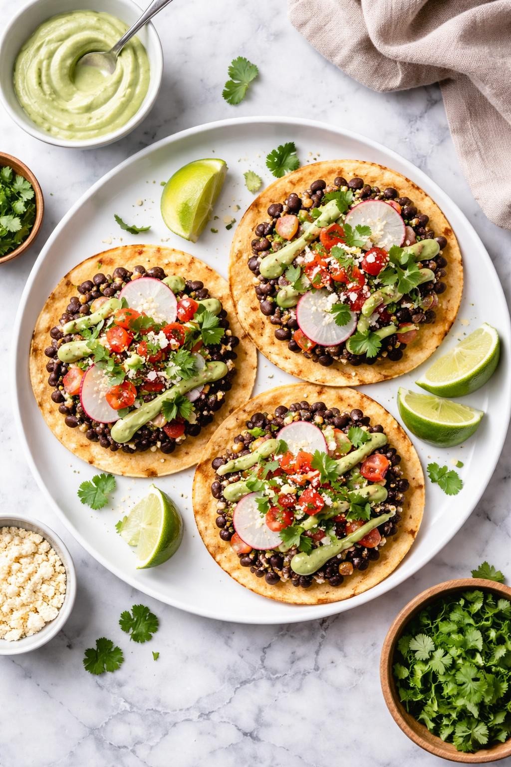 An overheard picture view of a plate of Black Bean Tostadas with Avocado Crema sitting on a marble countertop table in the kitchen, professional food photography style.