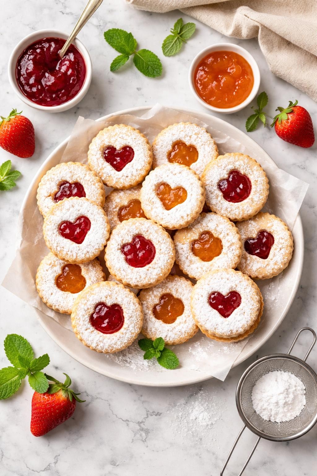 An overheard picture view of a plate of  Italian Jam Sandwich Cookies  sitting on a marble countertop table in the kitchen, professional food photography style.
