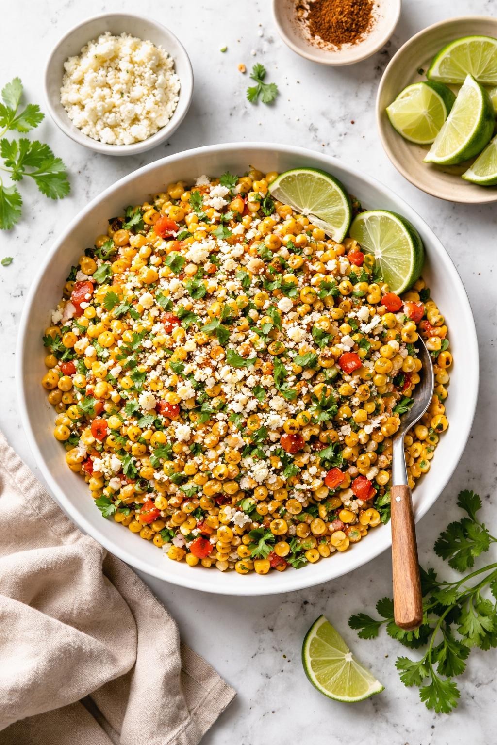 An overheard picture view of a plate of Healthy Mexican Street Corn Salad (Esquites) sitting on a marble countertop table in the kitchen, professional food photography style.
