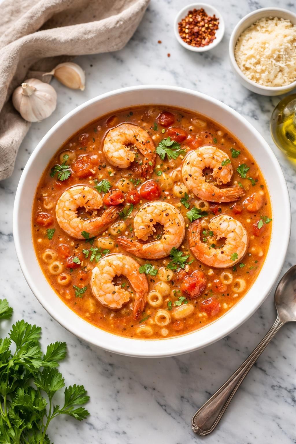 Image Prompt: Realistic top-down editorial food photography of Italian shrimp soup in a white bowl on a clean white and gray marble countertop, light tomato broth with shrimp, garlic, herbs, diced tomatoes, and small pasta, warm natural daylight, cozy homemade soup mood, no people, no hands, no text, no watermarks, no props with writing.
