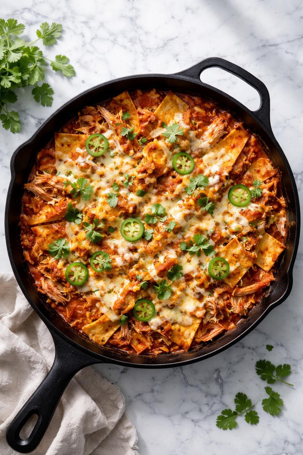 Prompt: Top-down realistic editorial food photography of chicken enchilada skillet on a clean white and gray marble countertop, shredded rotisserie chicken cooked with enchilada sauce, tortillas, melted cheese, and herbs in a skillet, rich easy homemade dinner mood, bright natural window lighting, soft shadows, clean composition, high detail, realistic food texture, no people, no hands, no text, no watermarks, no props with writing.
