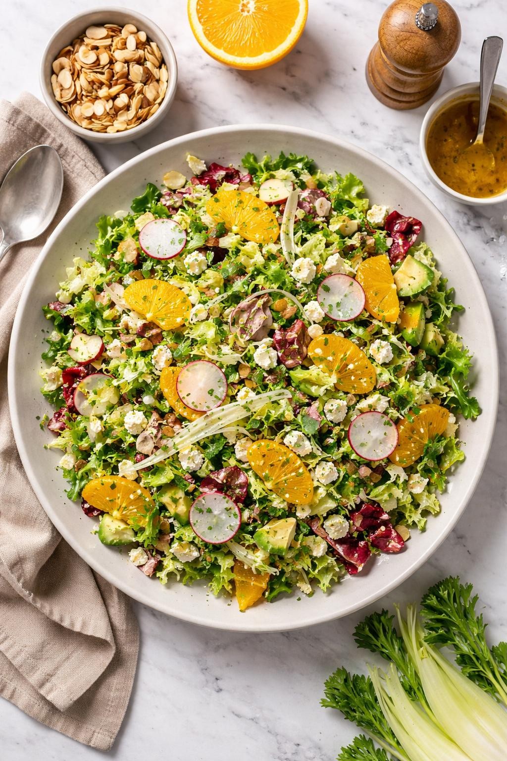 An overheard picture view of a plate of Chopped Salad with Fennel and Orange sitting on a marble countertop table in the kitchen, professional food photography style.