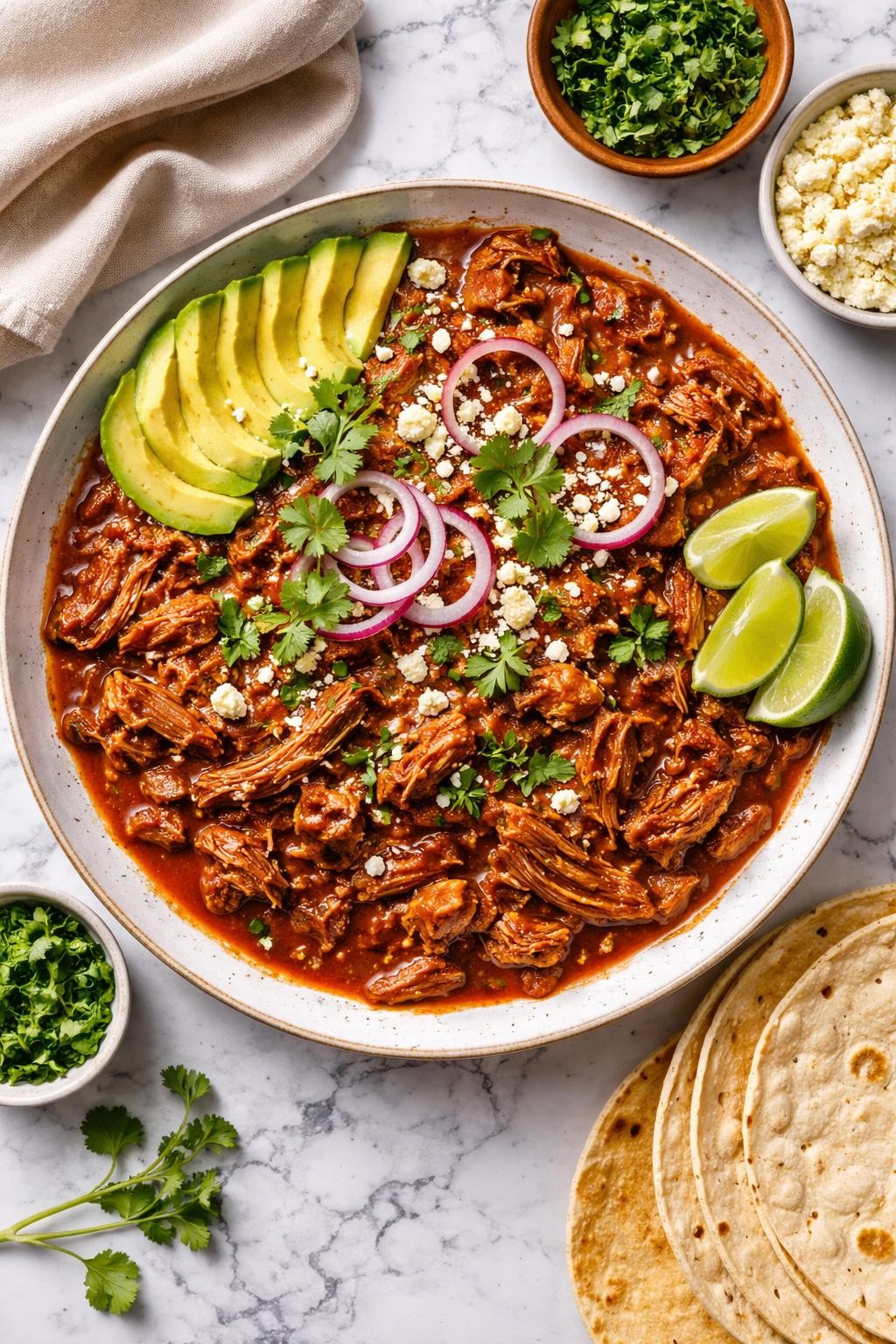 An overheard picture view of a plate of  Beef Tinga  sitting on a marble countertop table in the kitchen, professional food photography style.

