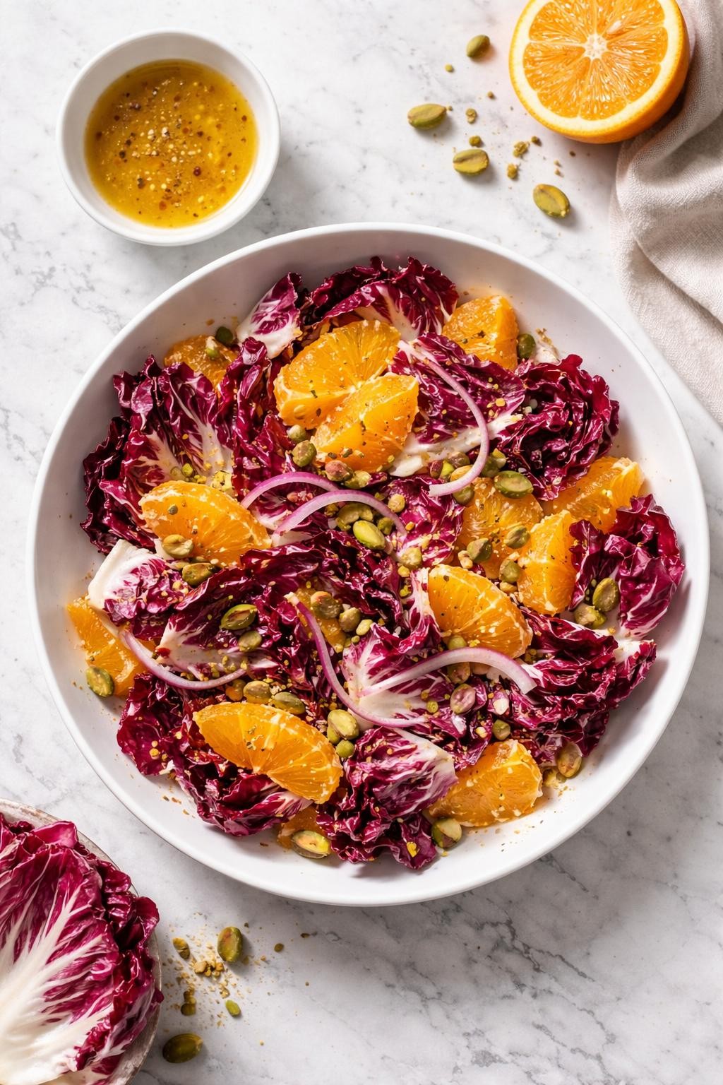 Image Prompt: Realistic top-down editorial food photography of a radicchio orange salad in a shallow white bowl on a light marble countertop, torn radicchio leaves with fresh orange segments, red onion, chopped pistachios, and citrus vinaigrette, bright natural daylight, soft shadows, clean editorial styling, realistic food textures, no people, no hands, no text, no watermarks, no props with writing.