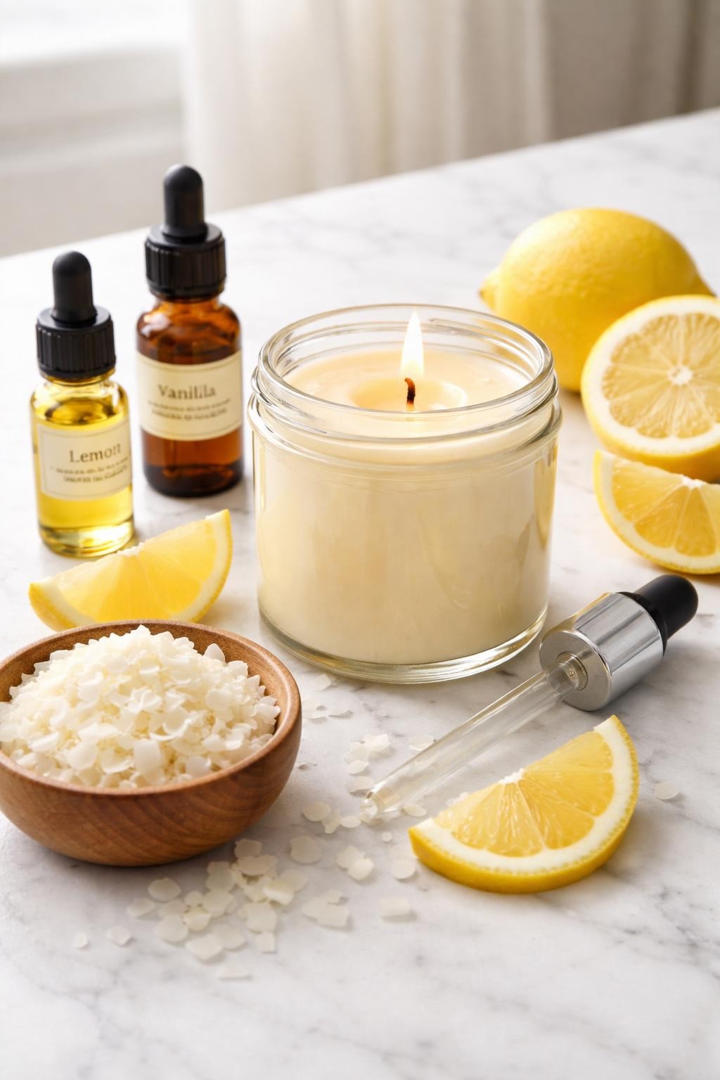 A realistic close-up photo of a homemade candle scent setup for lemon sugar cookie on a clean white marble countertop table. A clear glass candle jar with creamy wax and a centered wick sits beside small bottles of lemon essential oil and vanilla fragrance oil. Lemon slices, soy wax flakes, and a small dropper are arranged neatly around the candle. Bright natural light, crisp detail, realistic texture, clean minimal setup, strong focus on the candle and sweet citrus ingredients, no people, no text, (no watermarks on images)