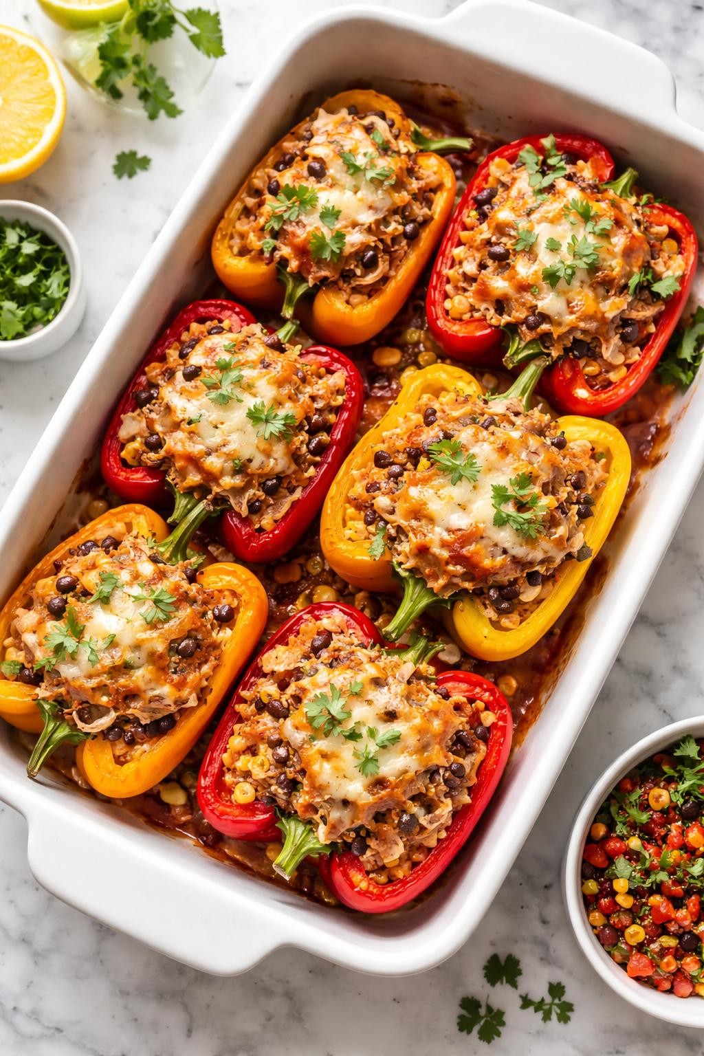 Image Prompt: Realistic top-down editorial food photography of Mexican chicken thigh stuffed peppers in a white baking dish on a clean marble countertop, colorful bell peppers filled with rice, shredded chicken thighs, beans, salsa, and melted cheese, bright homemade dinner styling, natural daylight, no people, no hands, no text, no watermarks, no props with writing.
