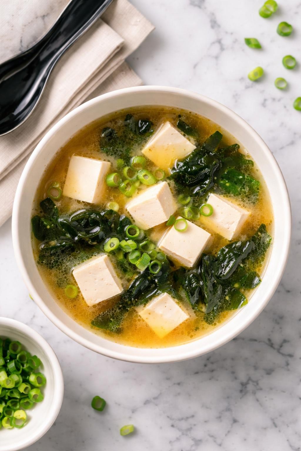 An overheard picture view of a plate of Miso Soup with Silken Tofu and Wakame sitting on a marble countertop table in the kitchen, professional food photography style.