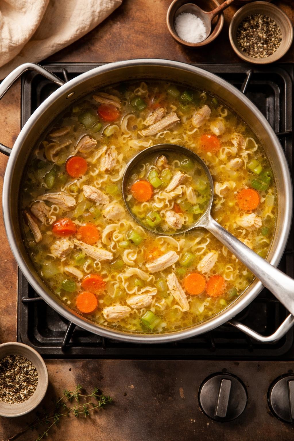 Prompt: Realistic top-down editorial food photography of a large pot of chicken noodle soup on a stove, the broth golden with shredded leftover chicken, curly egg noodles, sliced carrots, and celery. A ladle rests in the pot. Warm kitchen light, cozy soup made from leftovers, no people, no hands, no text, no watermarks, no props with writing.