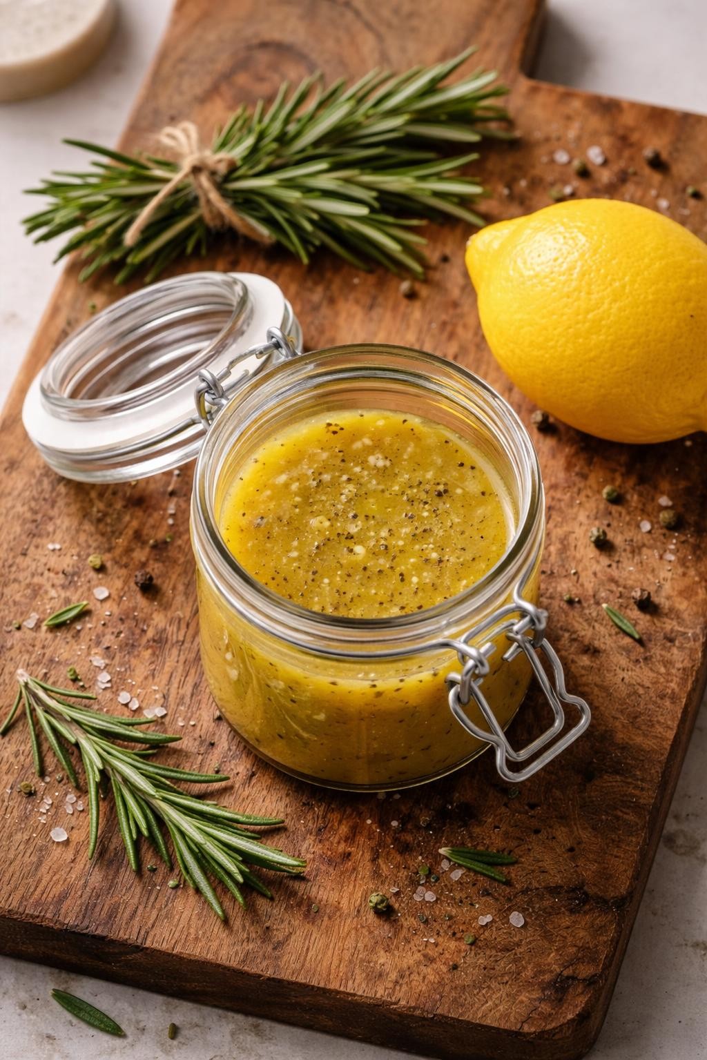 "Realistic top-down food photography of a glass jar with a lid filled with homemade vinaigrette on a wooden cutting board. The dressing is golden and emulsified, with visible herbs and black pepper. A small bunch of fresh rosemary and a lemon next to the jar. Soft natural light, easy flavor booster for boring salads, no people, no hands, no text, no watermarks."