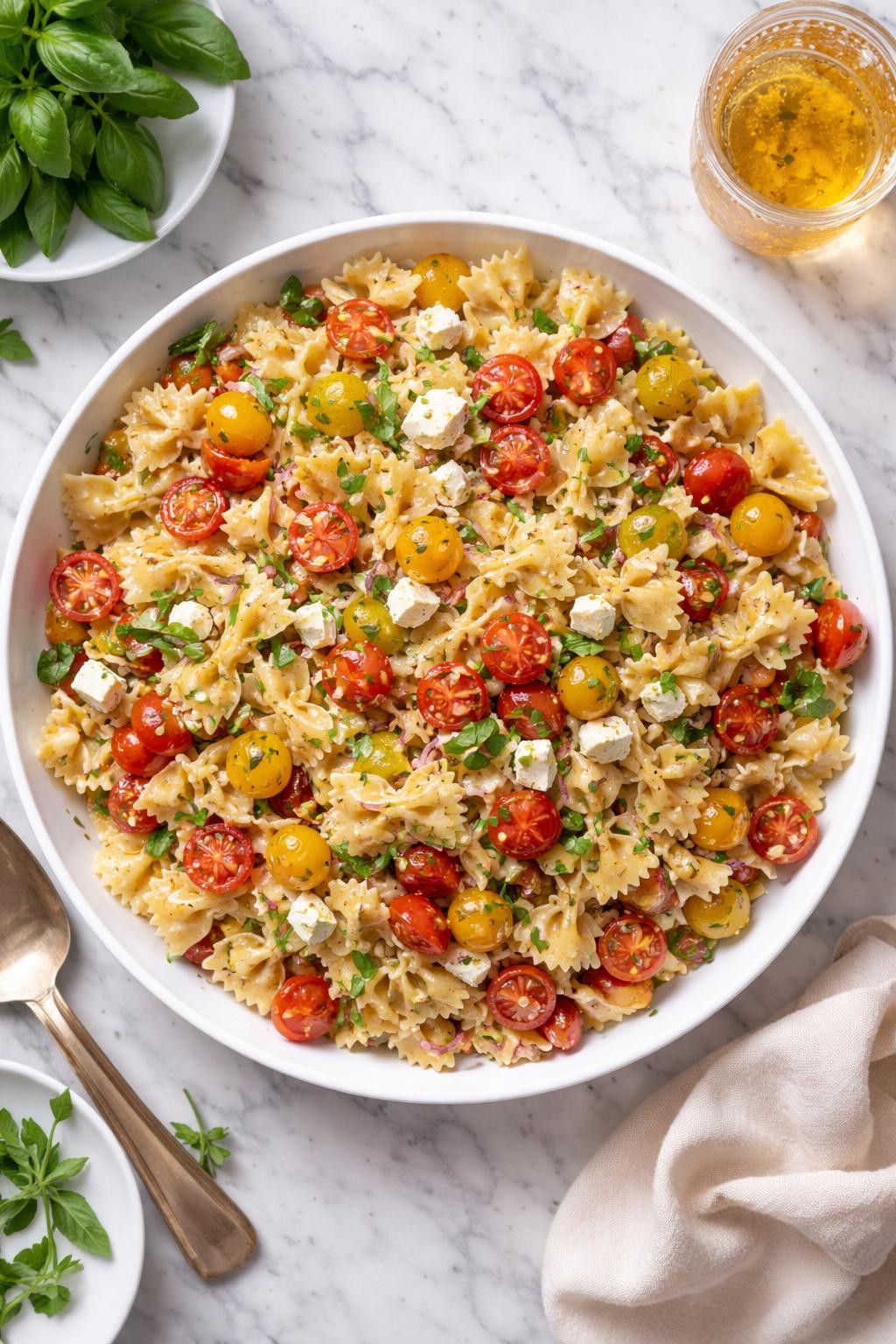 An overheard picture view of a plate of Ina Garten's Tomato Feta Pasta Salad sitting on a marble countertop table in the kitchen, professional food photography style.