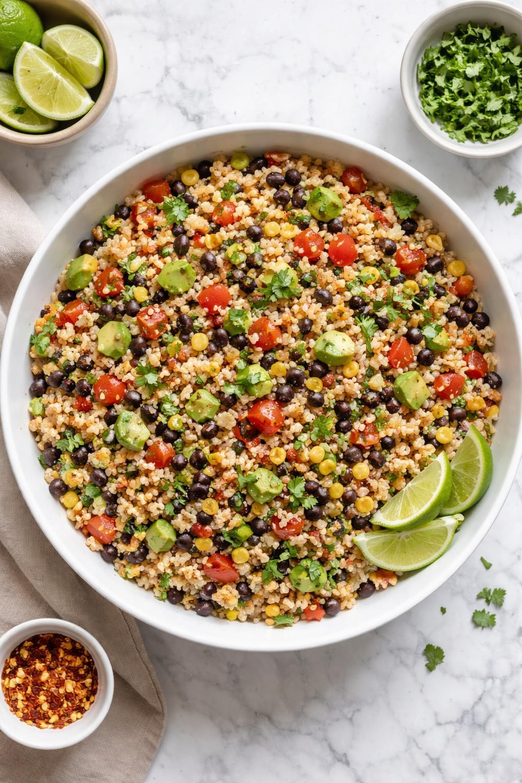 Image Prompt: Realistic top-down editorial food photography of a Mexican rice salad in a large white bowl on a clean marble countertop, fluffy rice mixed with black beans, corn, diced tomatoes, avocado, red onion, chopped cilantro, and lime dressing, bright natural window lighting, soft shadows, realistic food textures, clean editorial styling, no people, no hands, no text, no watermarks, no props with writing.