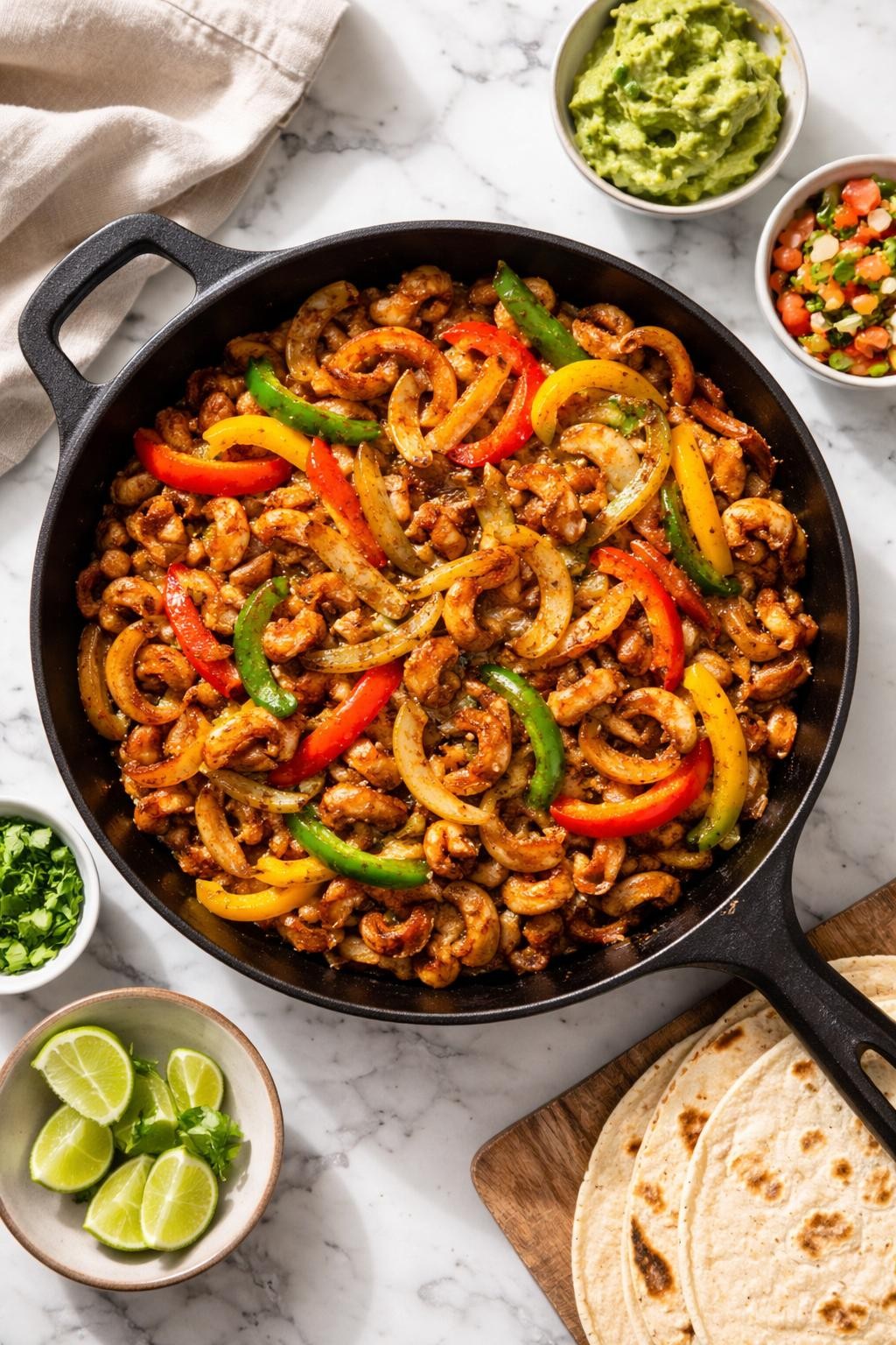 Image Prompt: Realistic top-down editorial food photography of a soy curl fajita skillet on a clean white and gray marble countertop, browned soy curls cooked with sliced onions and colorful bell peppers in smoky fajita seasoning, served in a cast iron pan, cozy homemade vegan dinner mood, bright natural window lighting, soft shadows, clean composition, high detail, realistic food texture, no people, no hands, no text, no watermarks, no props with writing.