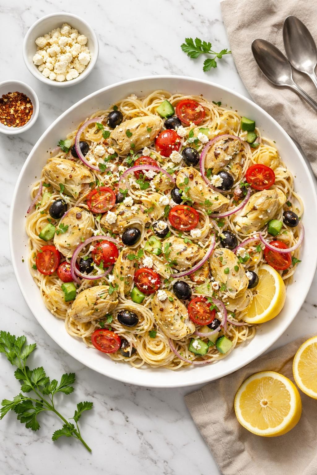 An overheard picture view of a plate of  Cold Spaghetti Salad with Artichokes  sitting on a marble countertop table in the kitchen, professional food photography style.

