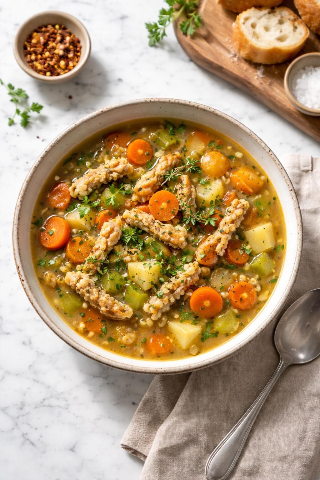 Image Prompt: Realistic top-down editorial food photography of soy curl soup on a white marble countertop, cozy broth-based soup with soy curls, carrots, celery, potatoes, and herbs in a rustic bowl, homemade vegan comfort food styling, bright natural daylight, soft shadows, clean editorial composition, high detail, realistic texture, no people, no hands, no text, no watermarks, no props with writing.