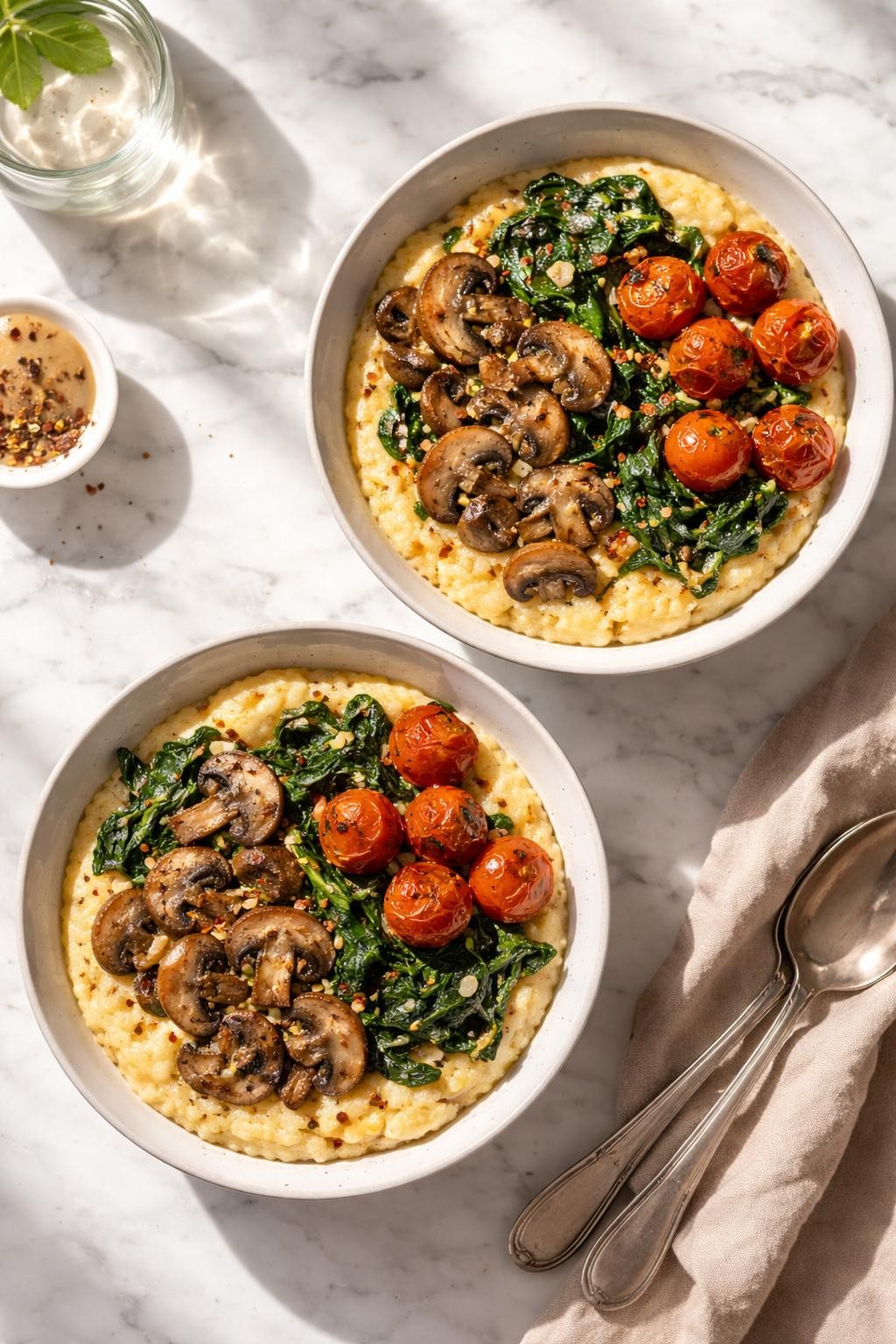 Image Prompt: Realistic top-down editorial food photography of vegan polenta breakfast bowls on a clean white marble countertop, creamy polenta topped with sautéed mushrooms, spinach, and roasted cherry tomatoes, warm natural daylight, cozy homemade breakfast mood, no people, no hands, no text, no watermarks, no props with writing.