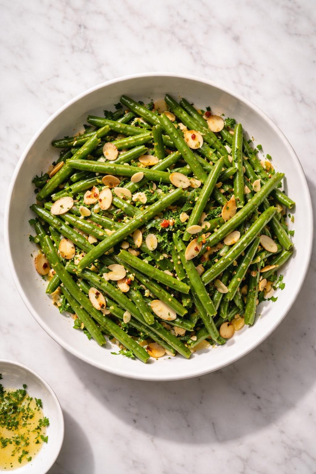 Image Prompt: Realistic top-down editorial food photography of a cold green bean salad with sliced almonds in a shallow white bowl on a light marble countertop, chilled green beans with toasted almonds, lemon vinaigrette, and chopped parsley, bright natural daylight, soft shadows, clean editorial food styling, realistic textures, no people, no hands, no text, no watermarks, no props with writing.