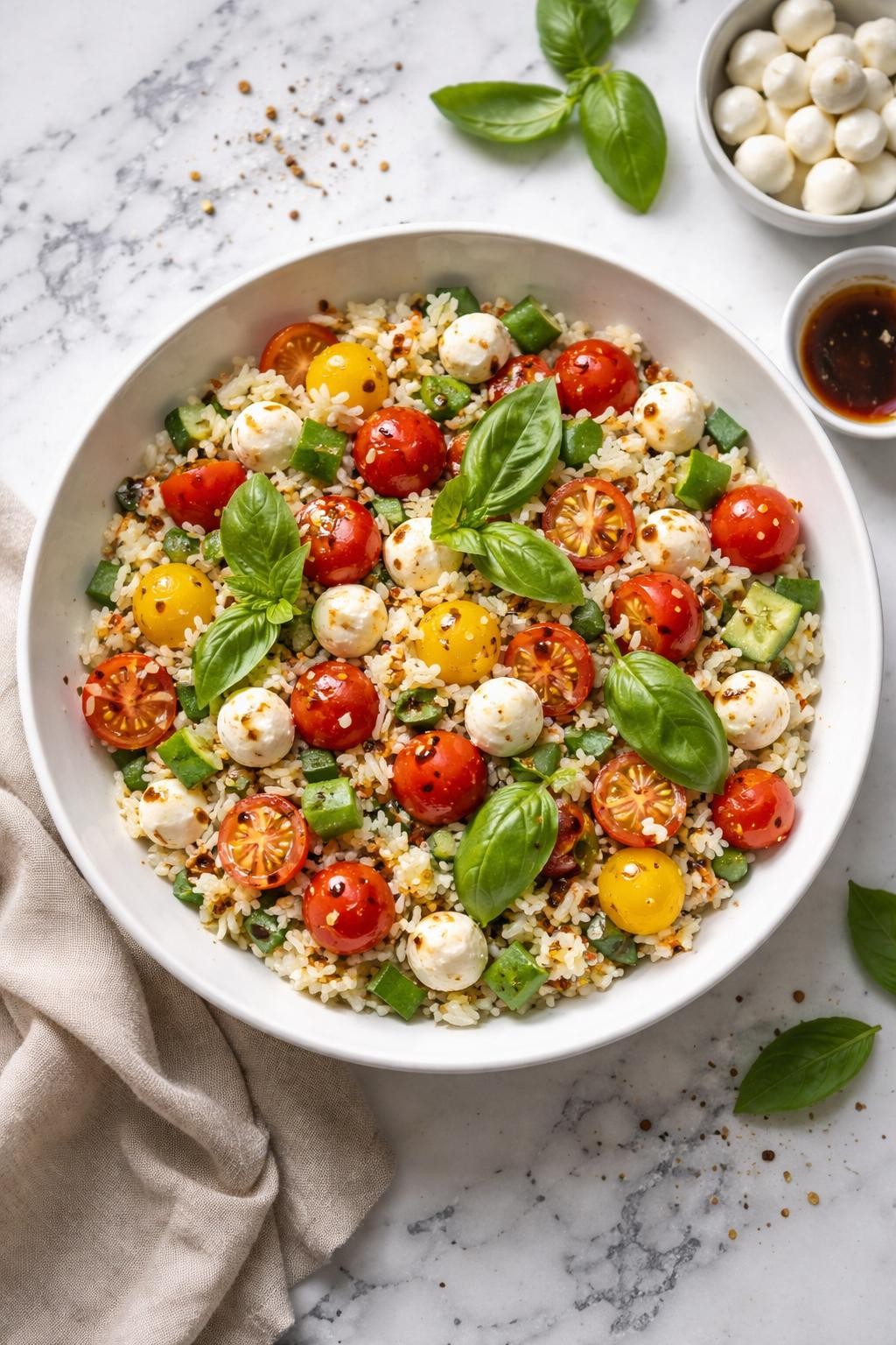 Image Prompt: Realistic top-down editorial food photography of a rice salad with mozzarella and basil in a shallow white bowl on a white and gray marble countertop, fluffy rice mixed with mozzarella pearls, cherry tomatoes, fresh basil, and balsamic vinaigrette, bright natural daylight, soft shadows, clean editorial styling, realistic food textures, no people, no hands, no text, no watermarks, no props with writing.