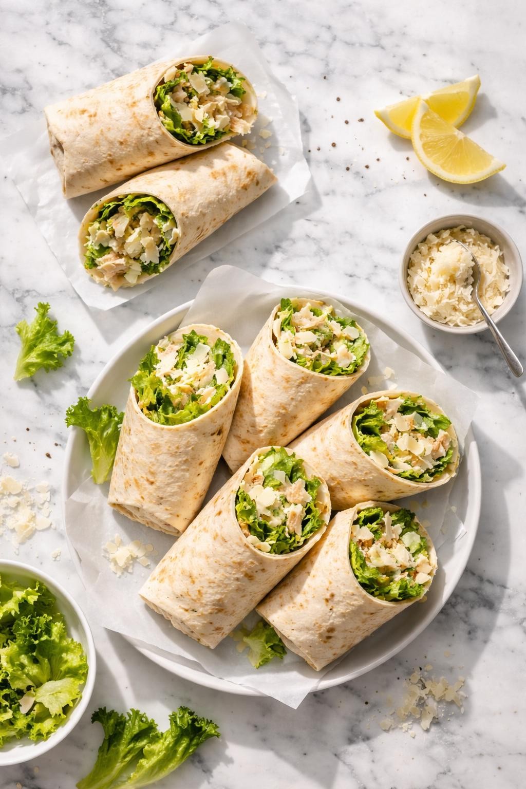 Prompt: Top-down realistic editorial food photography of rotisserie chicken Caesar wraps on a clean white and gray marble countertop, tortilla wraps filled with shredded chicken, romaine lettuce, Caesar dressing, and parmesan, cut in half with filling visible, fresh easy lunch mood, bright natural daylight, soft shadows, clean composition, high detail, realistic food texture, no people, no hands, no text, no watermarks, no props with writing.
