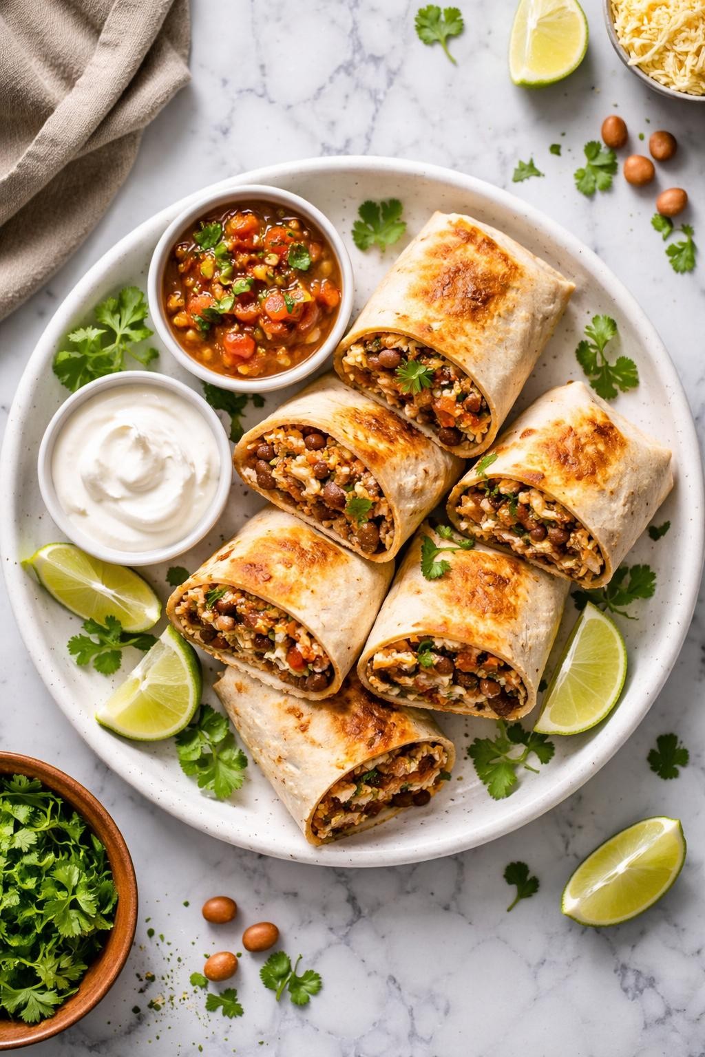 An overheard picture view of a plate of Pinto Bean Burritos sitting on a marble countertop table in the kitchen, professional food photography style.