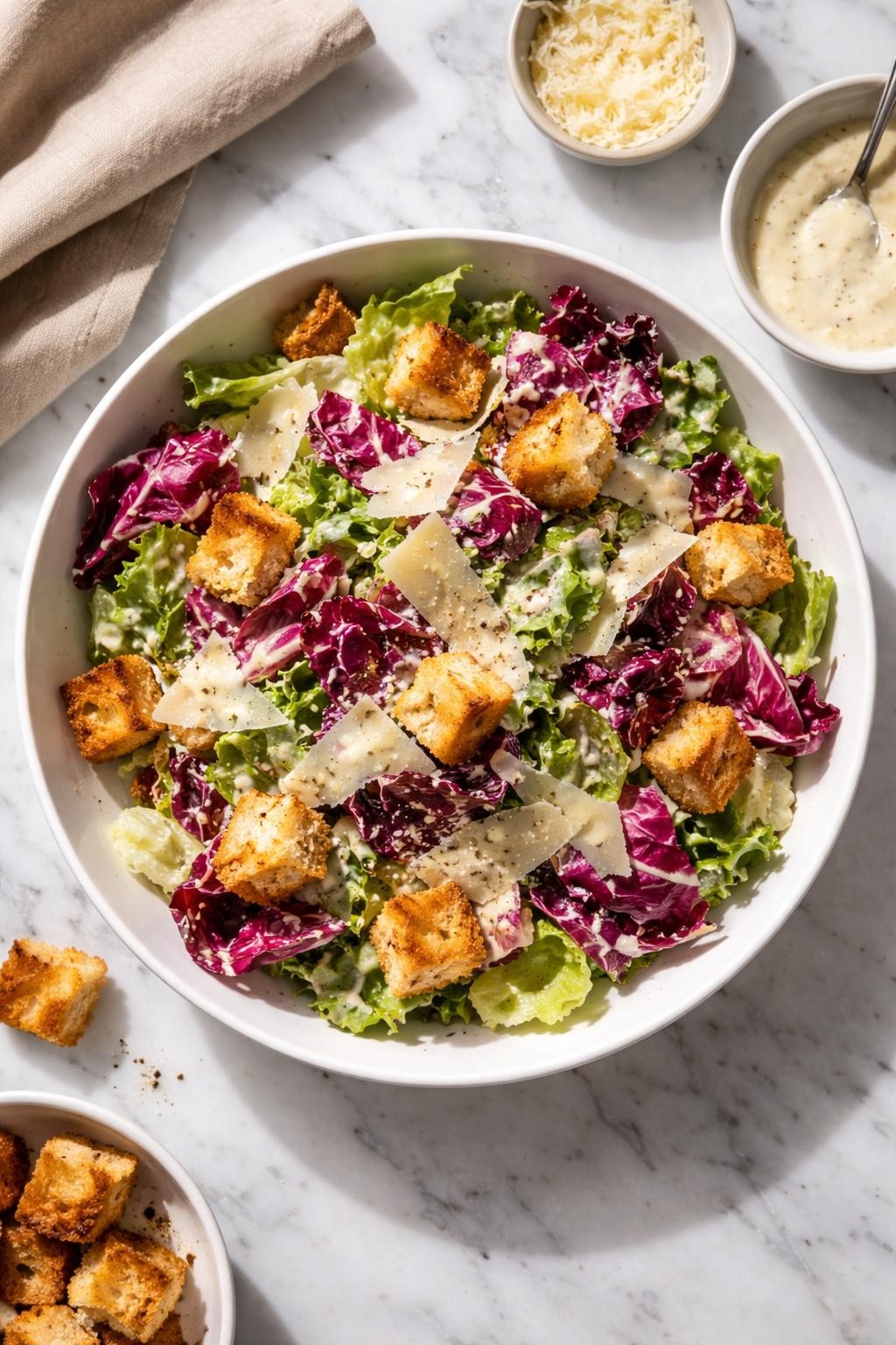 Image Prompt: Realistic top-down editorial food photography of a radicchio Caesar salad in a shallow white bowl on a marble countertop, chopped radicchio mixed with romaine, golden croutons, shaved parmesan, and creamy Caesar dressing, bright natural light, soft shadows, clean homemade dinner styling, realistic textures, no people, no hands, no text, no watermarks, no props with writing.