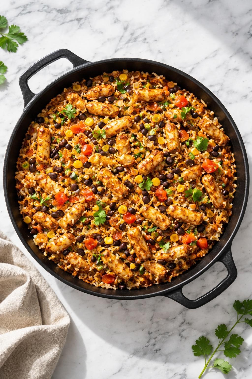 Image Prompt: Realistic top-down editorial food photography of soy curl taco rice skillet on a clean white and gray marble countertop, one-pan rice dish with seasoned soy curls, tomatoes, corn, black beans, and chopped herbs, cozy homemade vegan dinner mood, bright natural window lighting, soft shadows, clean composition, high detail, realistic food texture, no people, no hands, no text, no watermarks, no props with writing.