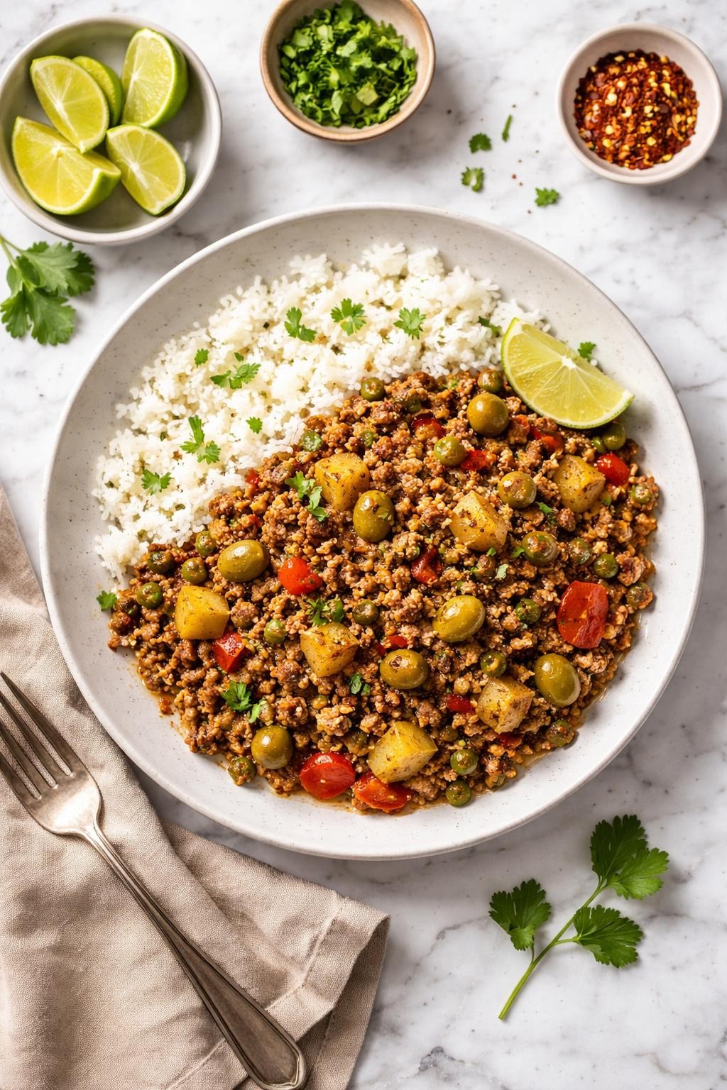 An overheard picture view of a plate of  Picadillo  sitting on a marble countertop table in the kitchen, professional food photography style.
