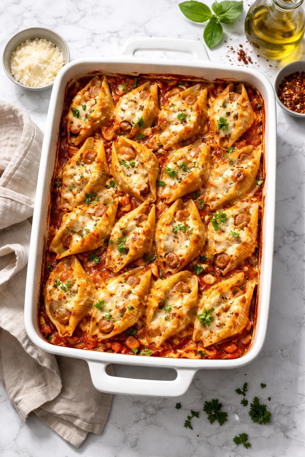 Image Prompt: Realistic top-down editorial food photography of sweet Italian sausage stuffed shells in a baking dish on a white marble countertop, jumbo pasta shells filled with sweet Italian sausage, ricotta, mozzarella, and herbs, covered in marinara sauce and melted cheese, bright natural daylight, soft shadows, cozy homemade dinner styling, high detail, realistic food texture, no people, no hands, no text, no watermarks, no props with writing.
