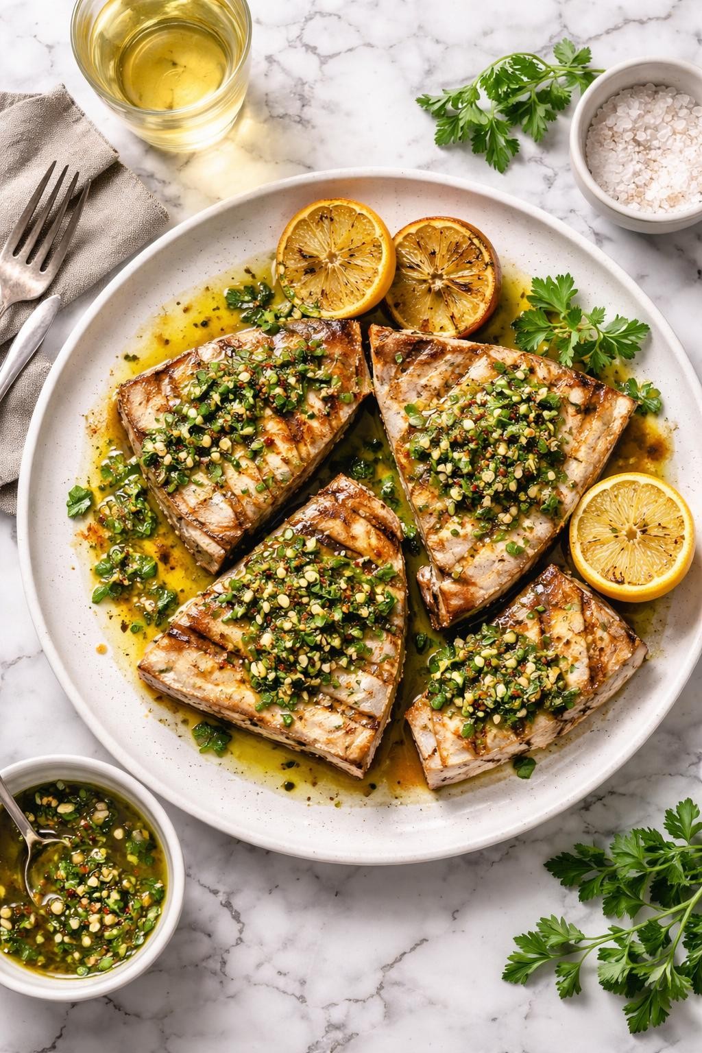 An overheard picture view of a plate of Grilled Swordfish with Salmoriglio sitting on a marble countertop table in the kitchen, professional food photography style.