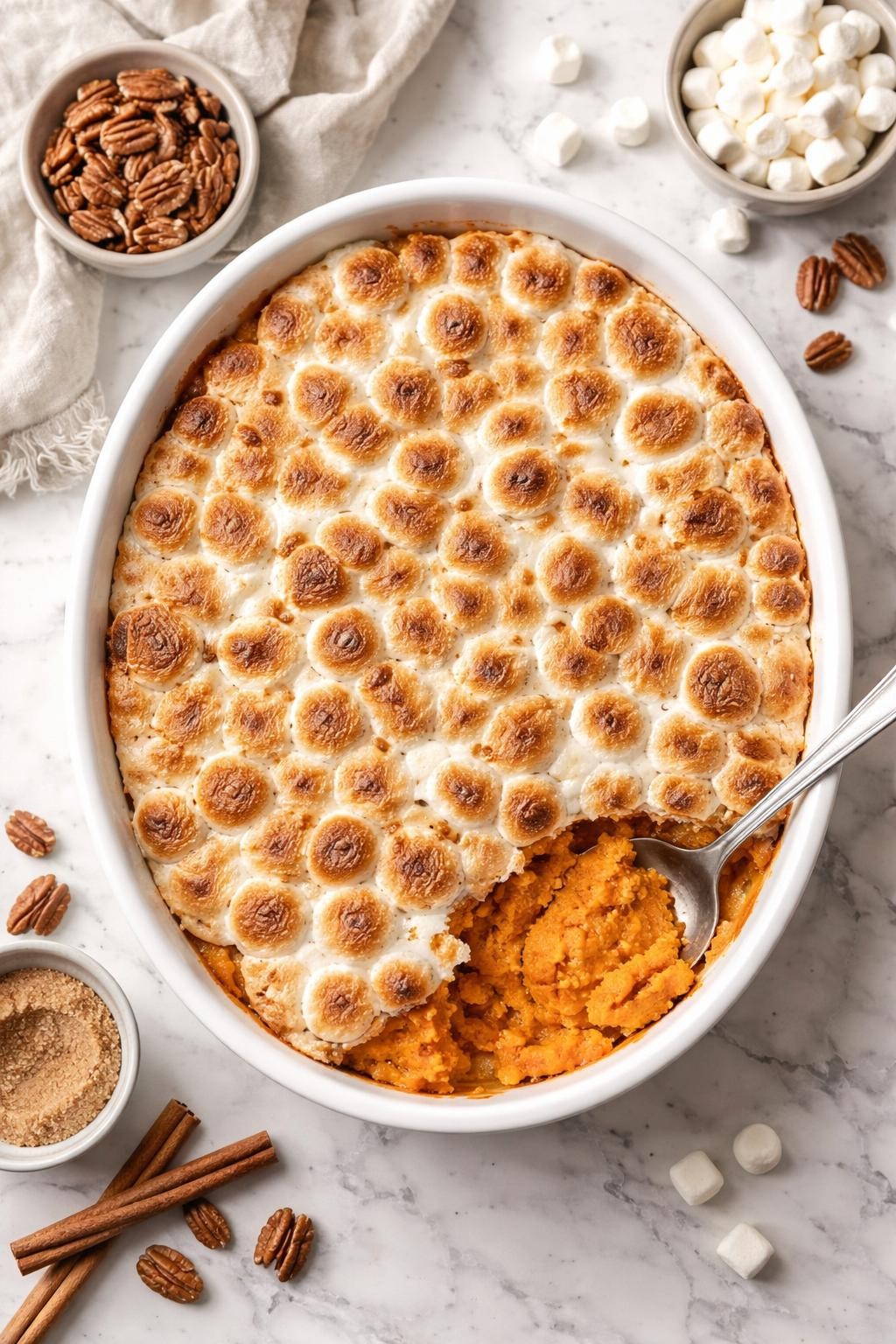 An overheard picture view of a plate of Sweet Potato Casserole with Marshmallow Topping sitting on a marble countertop table in the kitchen, editorial food photography style.