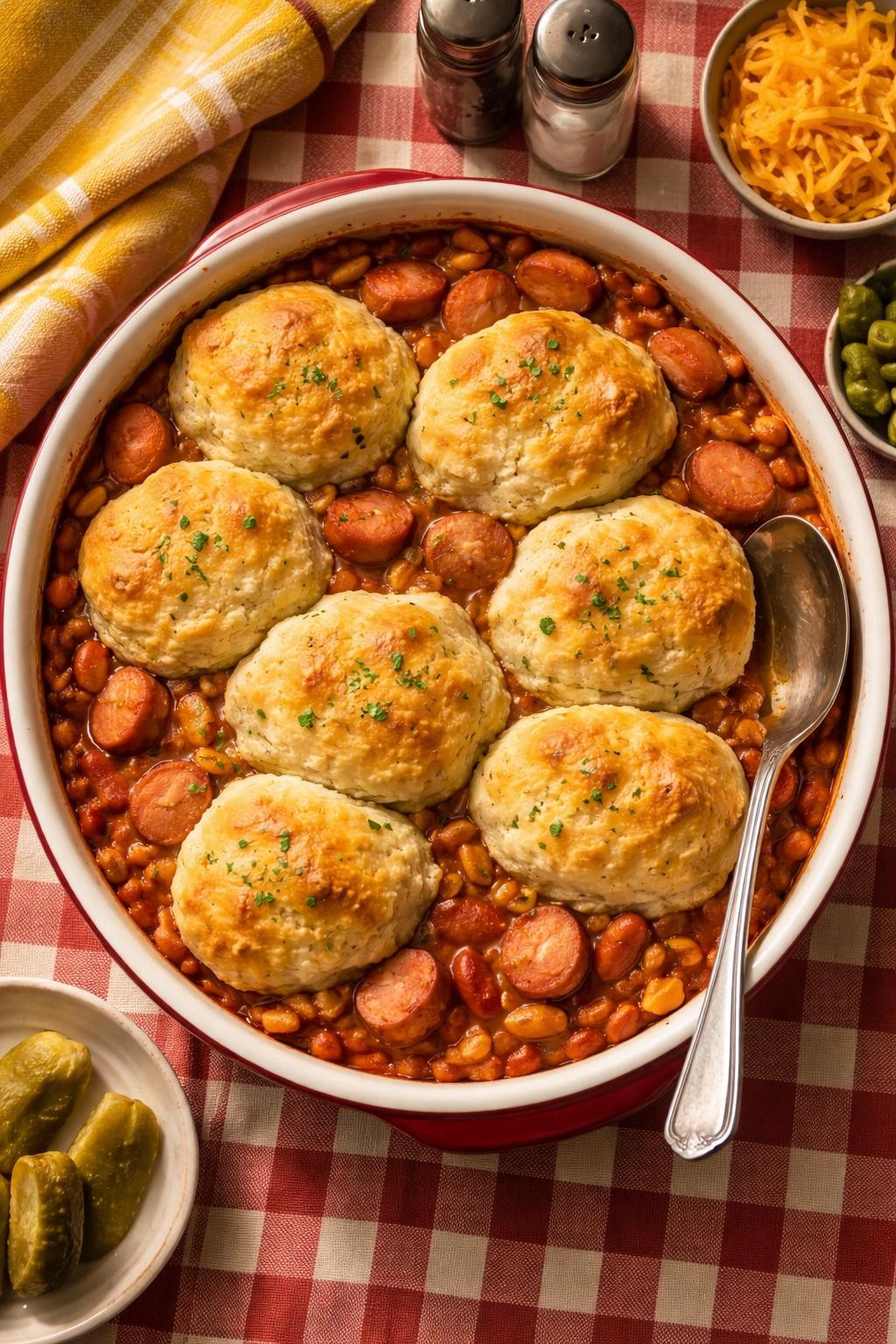 "Realistic top-down food photography of a round baking dish filled with hot dog and bean casserole on a checkered tablecloth. The casserole has sliced hot dogs, baked beans, and a layer of biscuit dough on top, baked until golden. A spoon resting on the side. Cozy retro lighting, nostalgic and kid-pleasing dinner, no people, no hands, no text, no watermarks."