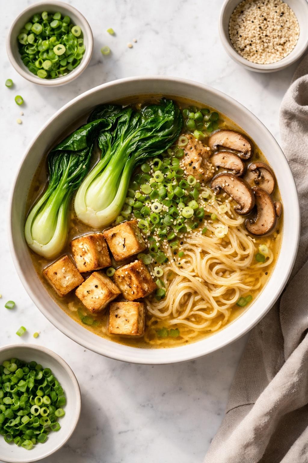 Image Prompt: Realistic top-down editorial food photography of a bowl of ginger bok choy vegan ramen on a white marble countertop, filled with ramen noodles, light golden broth, baby bok choy, tofu cubes, mushrooms, green onions, and sesame seeds, fresh cozy homemade soup mood, bright natural daylight, soft shadows, clean editorial composition, high detail, realistic texture, no people, no hands, no text, no watermarks, no props with writing.
