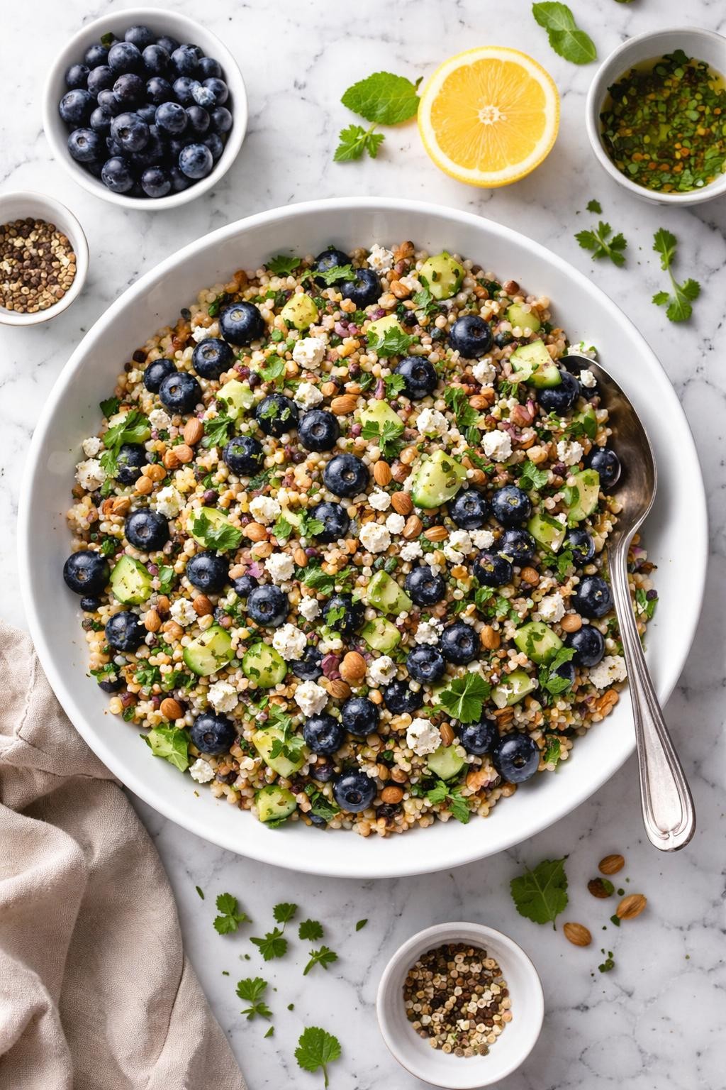 An overheard picture view of a plate of Blueberry Farro Salad with Feta and Herbs sitting on a marble countertop table in the kitchen, professional food photography style.