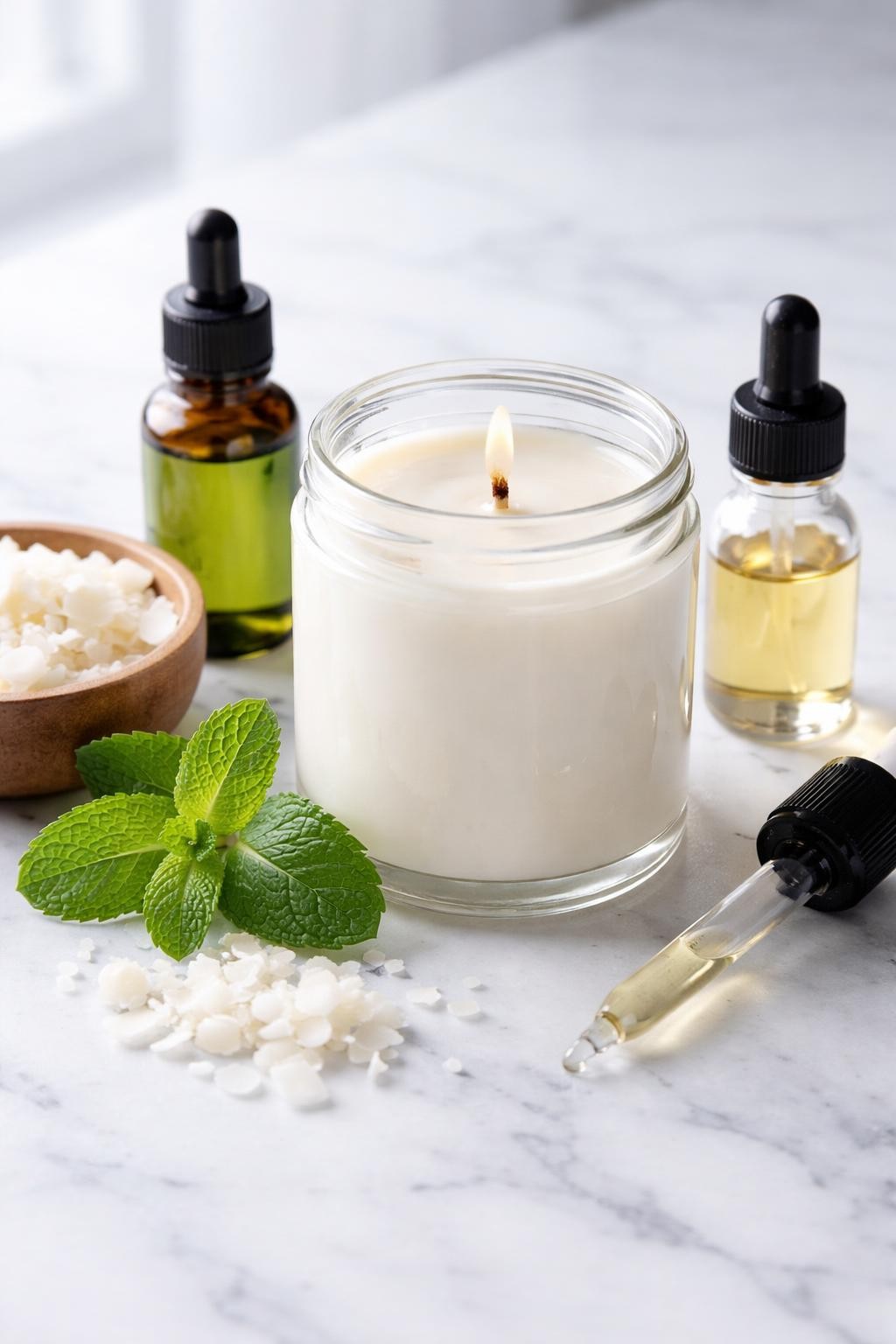 A realistic close-up photo of a homemade candle scent setup for peppermint cream on a clean white marble countertop. A clear glass candle jar with creamy white wax and a centered wick sits beside small bottles of peppermint essential oil and vanilla fragrance oil. Mint leaves, soy wax flakes, and a small dropper are placed neatly around the candle. Bright cool-toned natural light, crisp detail, realistic texture, clean minimal setup, strong focus on the candle and fresh creamy scent ingredients, no people, no text, (no watermarks on images)