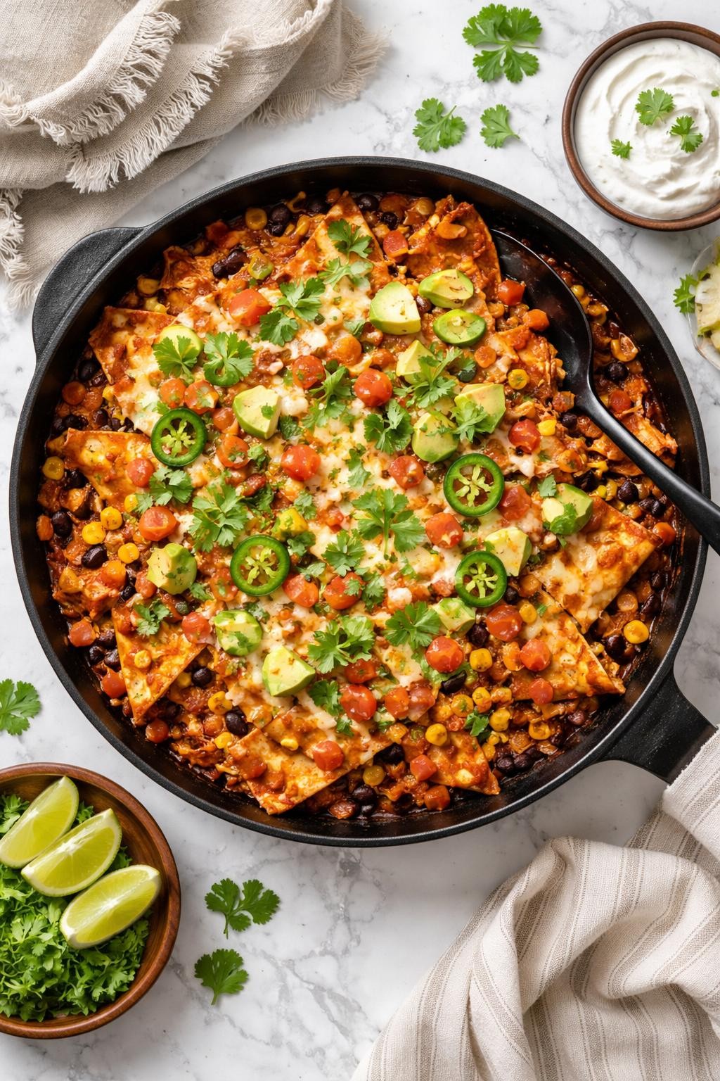 An overheard picture view of a plate of Skinny Chicken and Black Bean Enchilada Skillet sitting on a marble countertop table in the kitchen, professional food photography style.