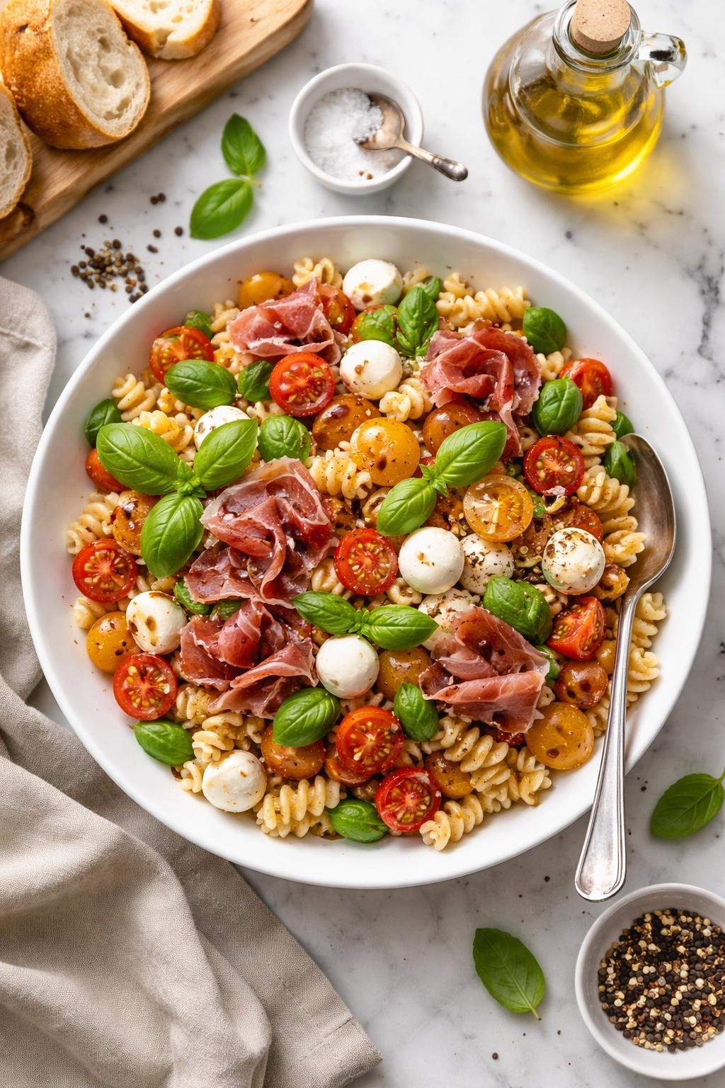 An overheard picture view of a plate of  Caprese Pasta Salad with Prosciutto  sitting on a marble countertop table in the kitchen, professional food photography style.
