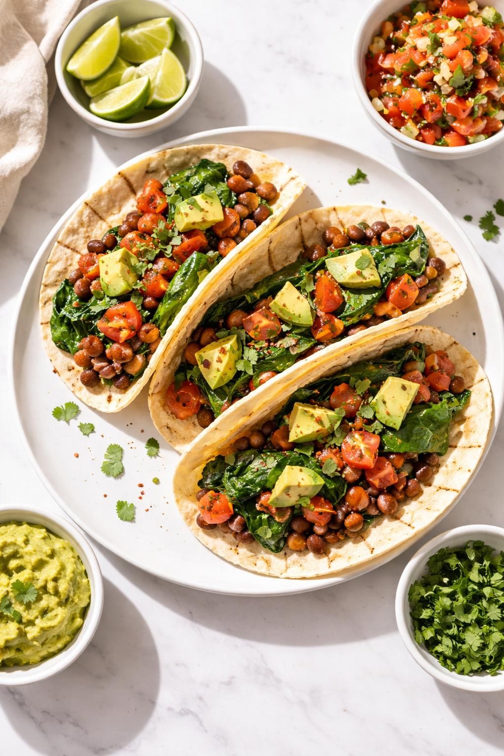 Image Prompt: Top-down realistic editorial food photography of vegan spinach bean tacos on a clean white marble countertop, warm tortillas filled with seasoned beans, wilted spinach, diced tomatoes, and avocado, arranged neatly on a plate, fresh easy homemade dinner mood, bright natural daylight, soft shadows, high detail, no people, no hands, no text, no watermarks, no props with writing.