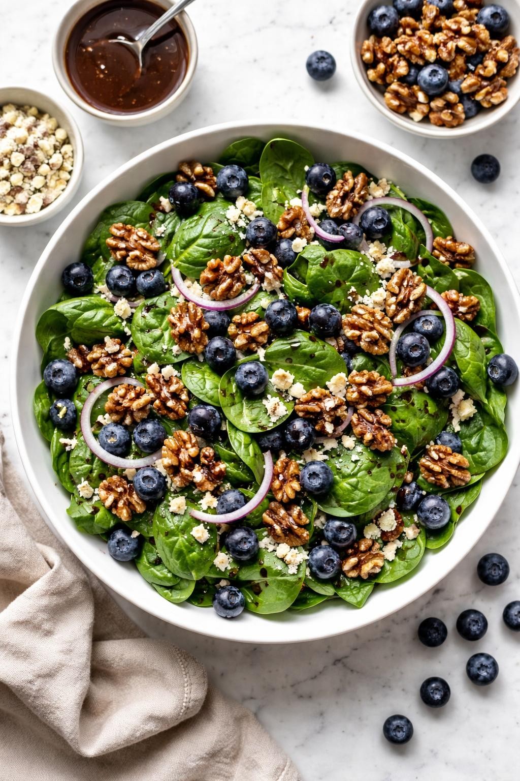 An overheard picture view of a plate of Blueberry Spinach Salad with Candied Walnuts and Gorgonzola sitting on a marble countertop table in the kitchen, professional food photography style.