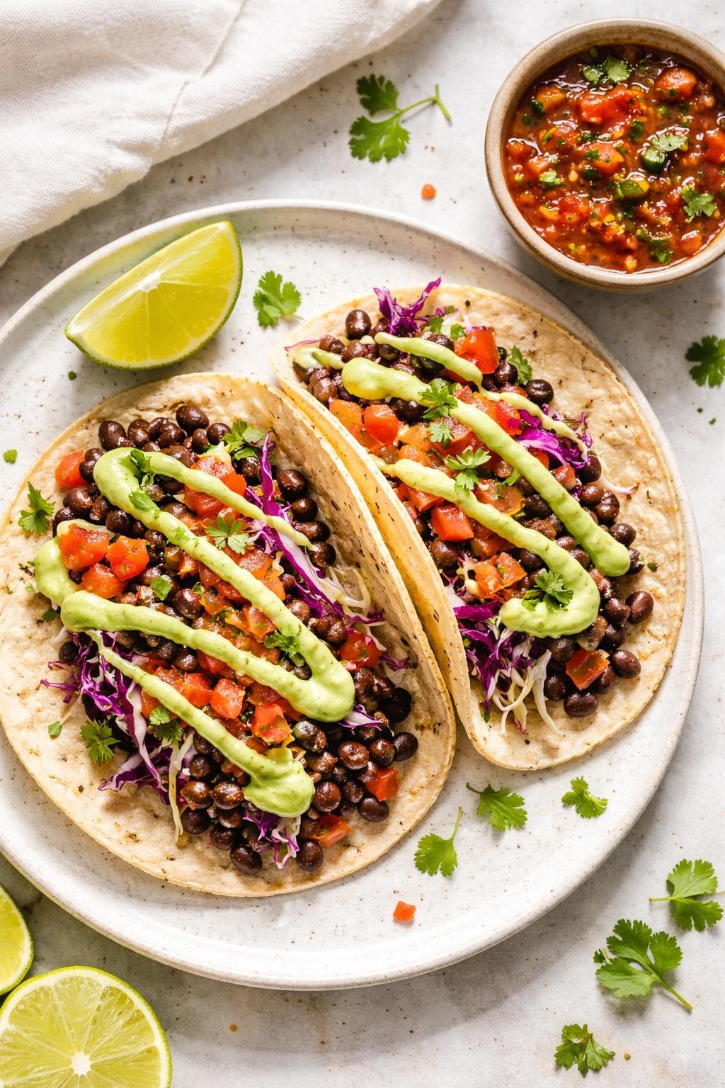 Prompt: Realistic top-down editorial food photography of two corn tortilla tacos filled with seasoned black beans, shredded cabbage, diced tomatoes, and a drizzle of green avocado crema. A lime wedge and a small bowl of salsa sit on the side. Bright natural light, fast vegetarian dinner, no people, no hands, no text, no watermarks, no props with writing.