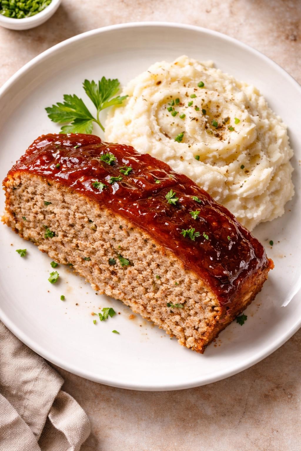 "Realistic top-down food photography of a slice of turkey meatloaf on a white plate with a scoop of mashed cauliflower on the side. The meatloaf has a glossy ketchup glaze and is moist inside. The mashed cauliflower is smooth and pale. A sprig of parsley. Soft kitchen light, classic comfort food made low-carb, no people, no hands, no text, no watermarks."