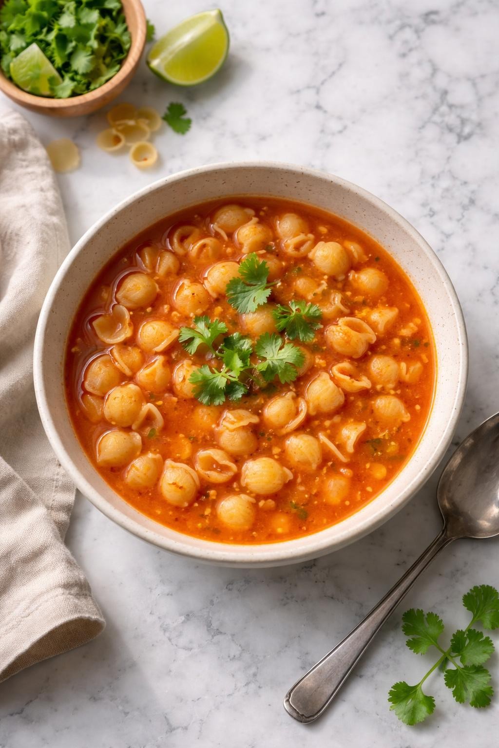 Image Prompt: Realistic top-down editorial food photography of classic Mexican tomato sopita in a simple bowl on a clean white and gray marble countertop, small pasta shells in a light red tomato broth with onion, garlic, and a few cilantro leaves on top, warm homemade comfort food mood, bright natural window lighting, soft shadows, clean editorial styling, high detail, realistic food texture, no people, no hands, no text, no watermarks, no props with writing.