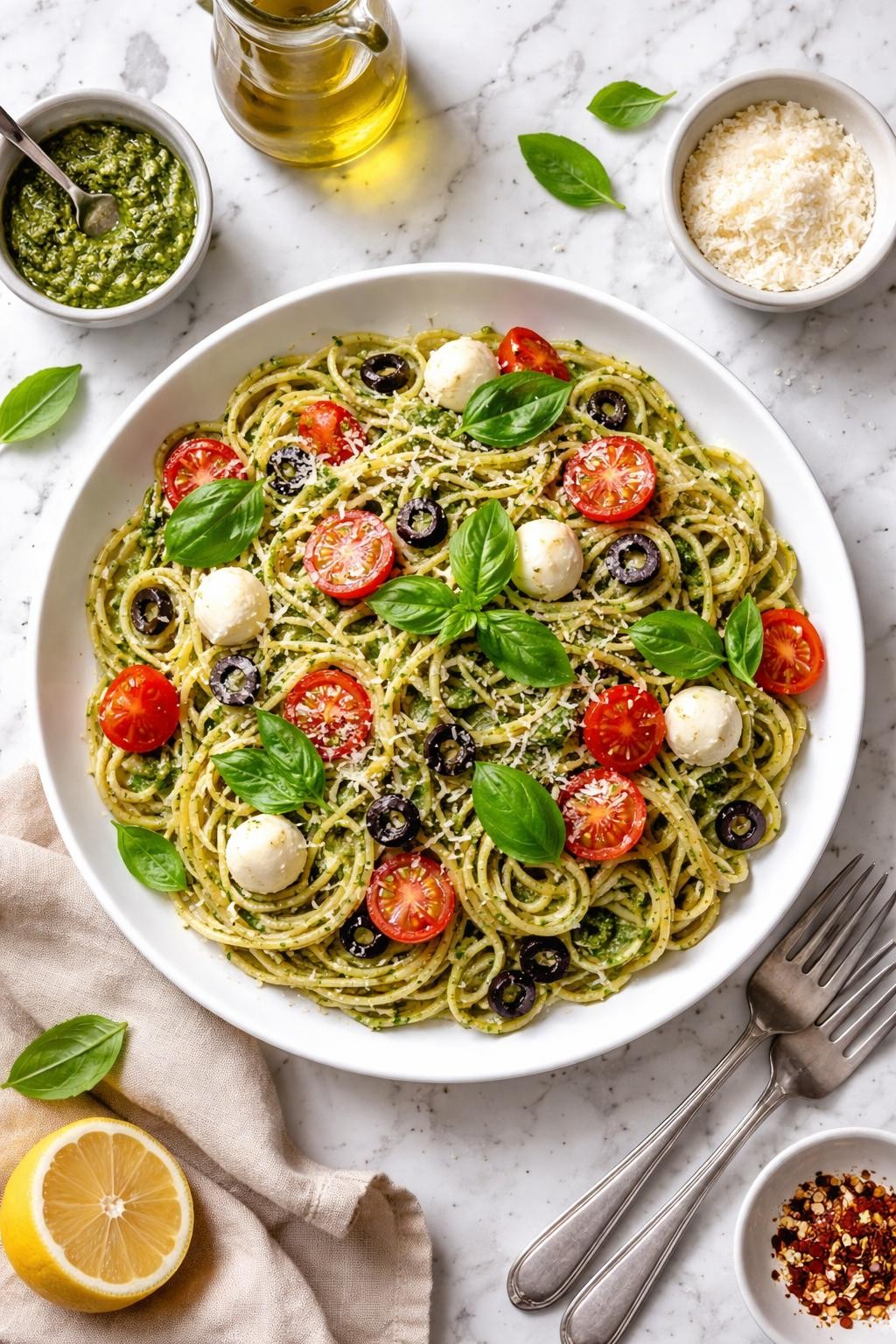 An overheard picture view of a plate of  Cold Spaghetti Salad with Pesto  sitting on a marble countertop table in the kitchen, professional food photography style.
