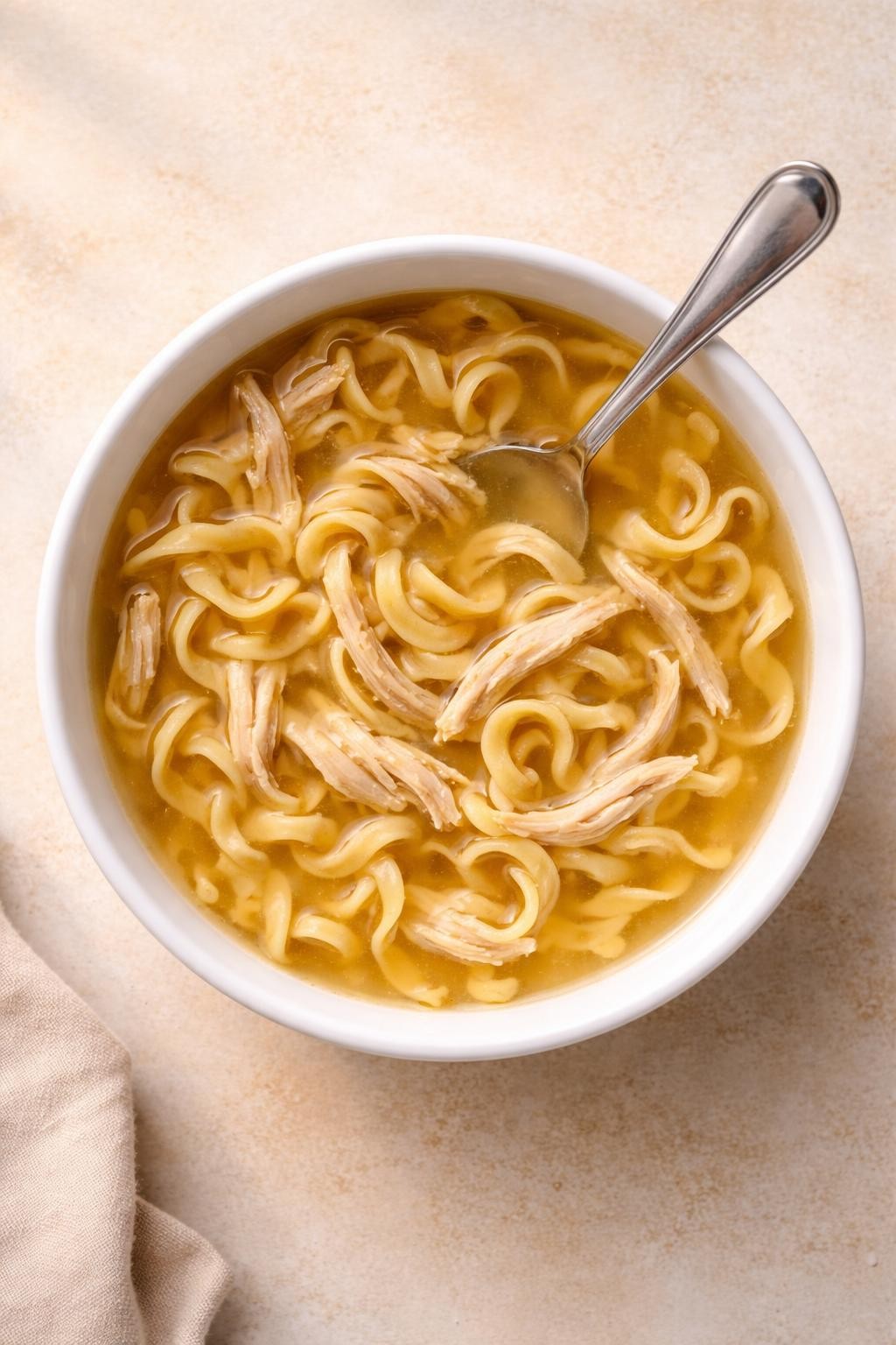 "Overhead realistic photo of a white bowl filled with chicken noodle soup, showing curly egg noodles, shredded chicken, and a clear golden broth. No visible vegetable chunks. A spoon resting on the rim. Soft warm light, soothing and familiar soup, no people, no hands, no text, no watermarks."