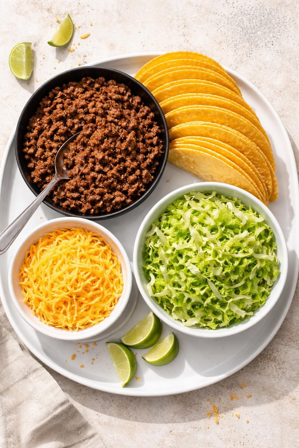 "Top-down realistic shot of a serving plate with seasoned ground beef, a stack of hard taco shells, a bowl of shredded cheese, and a bowl of shredded lettuce. No salsa or onions visible. Bright natural light, deconstructed picky-eater tacos, no people, no hands, no text, no watermarks."