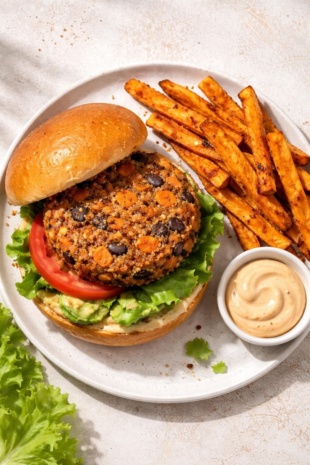 Photo prompt: Realistic top-down editorial food photography of a veggie burger patty on a toasted bun with lettuce, tomato slice, and a smear of avocado. The patty is orange-brown with visible black bean and sweet potato chunks. A side of sweet potato fries. Bright natural light, plant-based freezer burger mood. No people, no hands, no text, no watermarks, no props with writing.