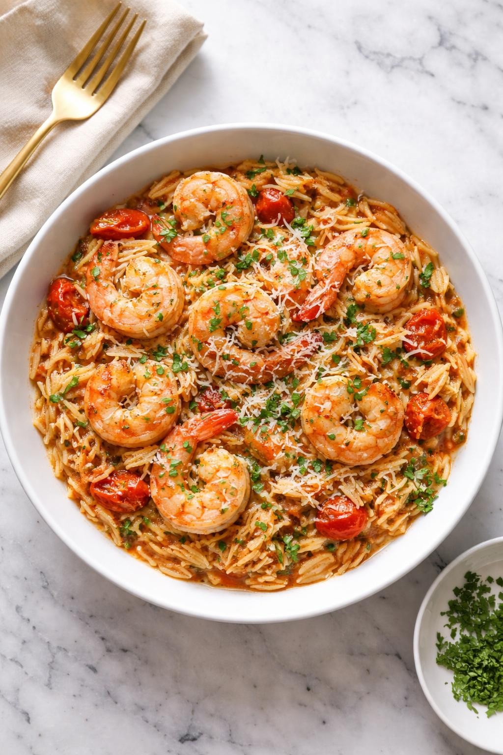 Image Prompt: Realistic top-down editorial food photography of Italian shrimp orzo in a shallow white bowl on a clean marble countertop, tender orzo cooked with shrimp, garlic, tomatoes, herbs, and parmesan, bright natural daylight, cozy homemade dinner mood, no people, no hands, no text, no watermarks, no props with writing.