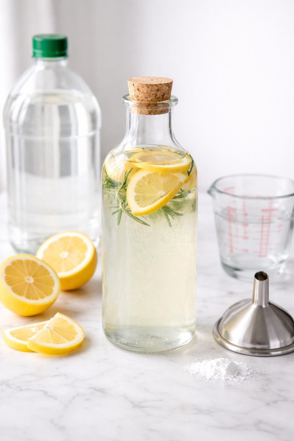 A realistic close-up photo of a clear bottle filled with homemade vinegar laundry rinse on a clean white marble countertop table. A bottle of white vinegar, lemon slices, a measuring cup, and a funnel are placed neatly around the bottle. Bright natural light, crisp detail, realistic texture, clean minimal setup, strong focus on the liquid rinse bottle and clean styling, no people, no text, (no watermarks on images)