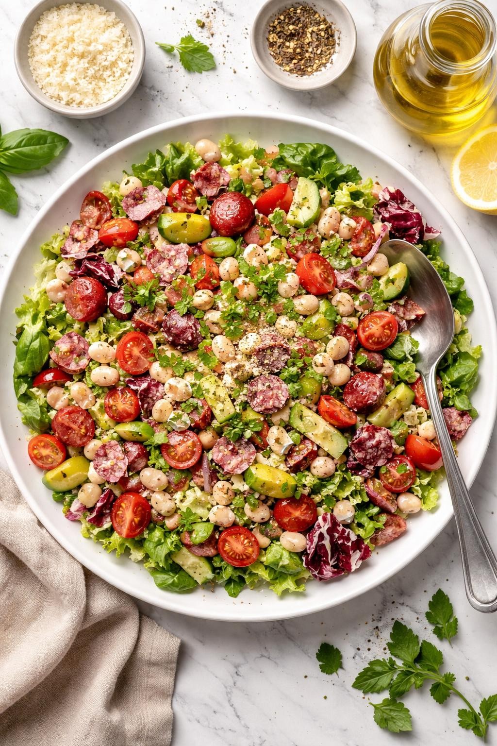 An overheard picture view of a plate of sitting on a marble countertop table in the kitchen, professional food photography style.